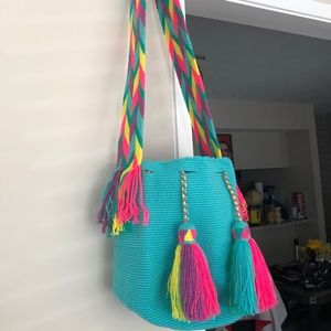 NEW Authentic Wayuu bag / mint green color / multicolored strap/ Size L